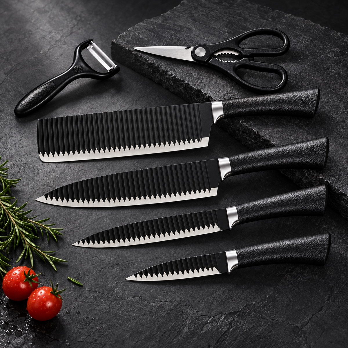 Set de bucătărie 6 piese – 4 cuțite, foarfecă și curățător de legume, negru