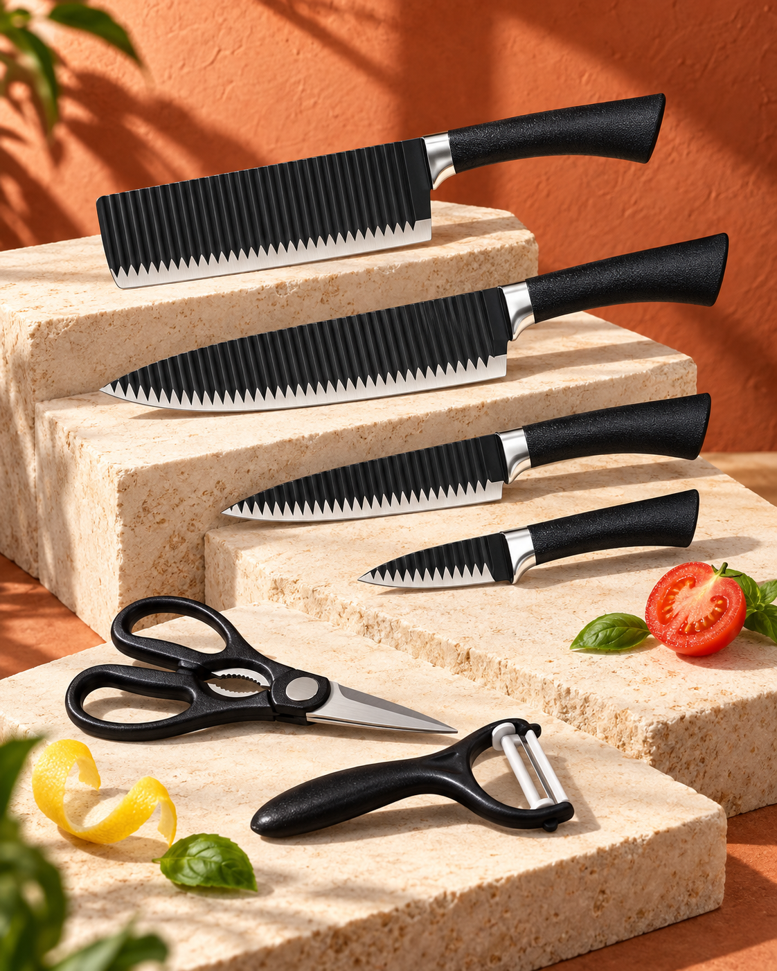 Set de bucătărie 6 piese – 4 cuțite, foarfecă și curățător de legume, negru