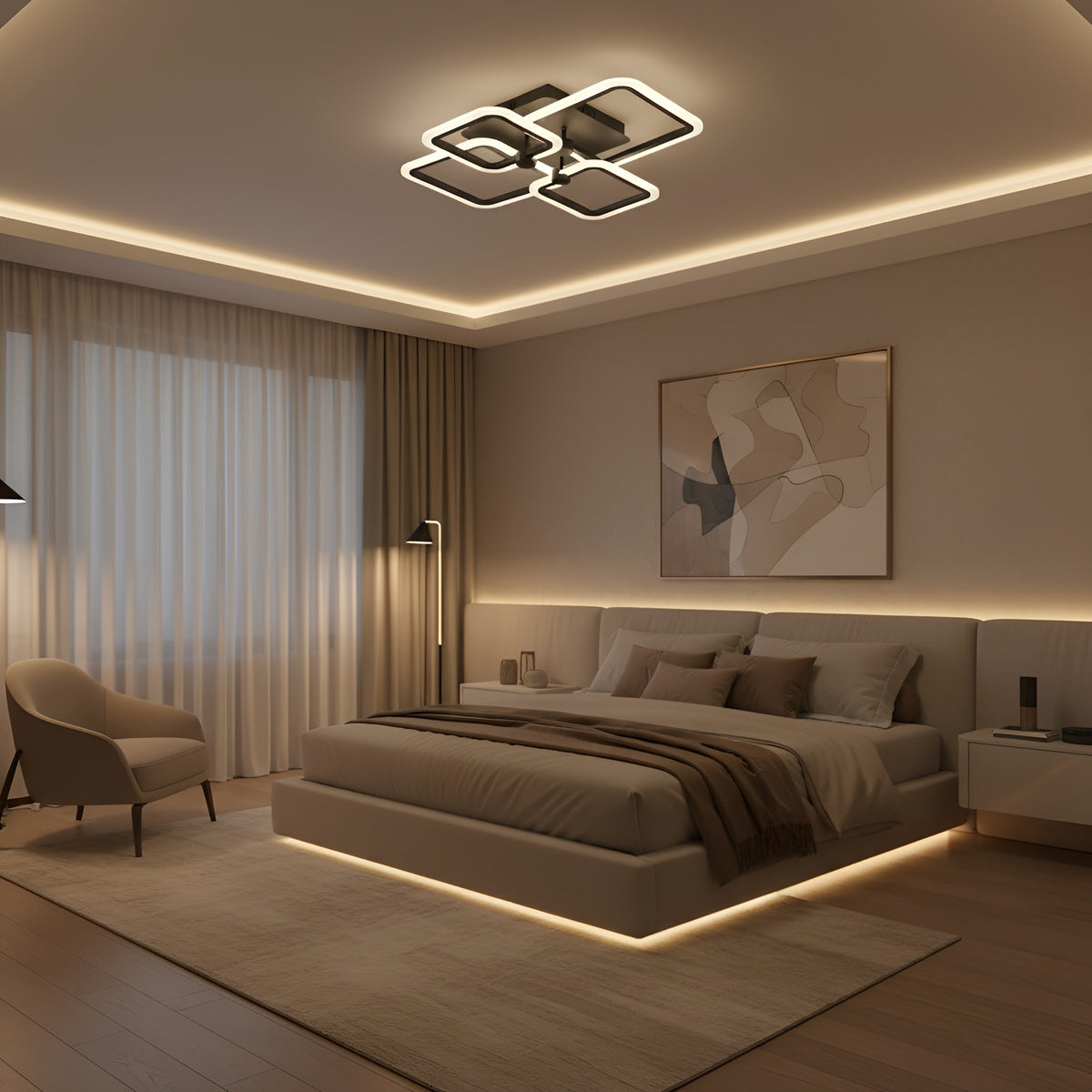 LUSTRA LED PATRATA NEAGRA 80W CU 4 BRATE 3 CULORI+IR 600x120mm