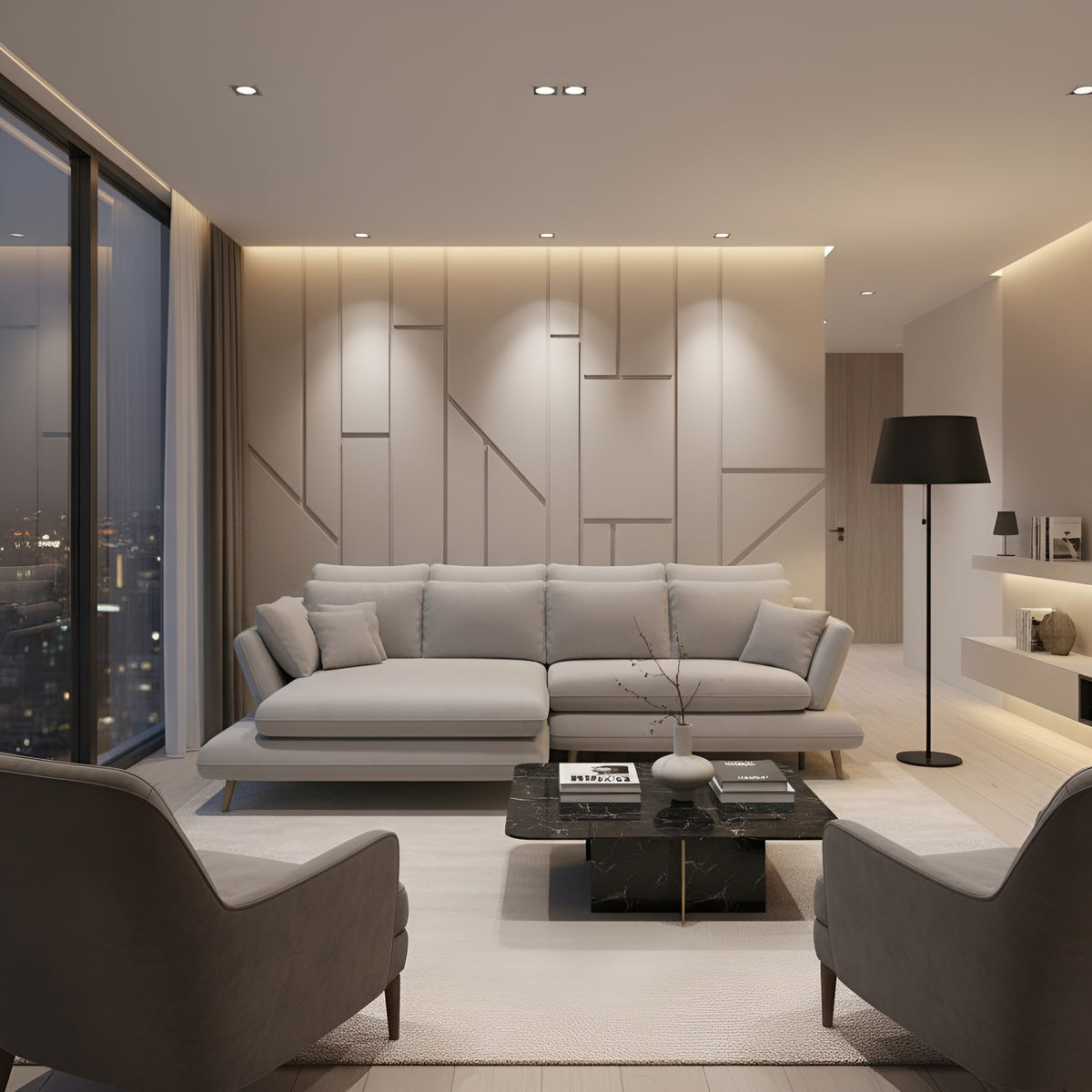 Coltar extensibil MONTE, sezlong stanga, stofa catifelata crem - Riviera 21, 283x181x90 cm