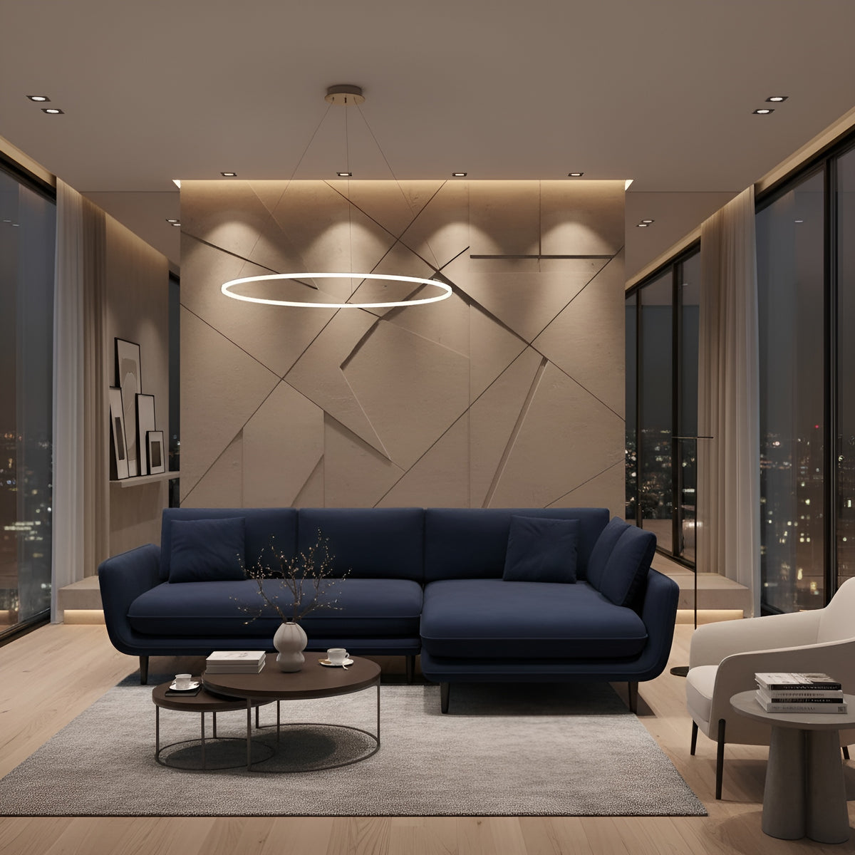 Coltar extensibil SOLANO, sezlong dreapta, stofa clasica albastru inchis - Austin 15, cu lada depozitare, 260x167x83 cm