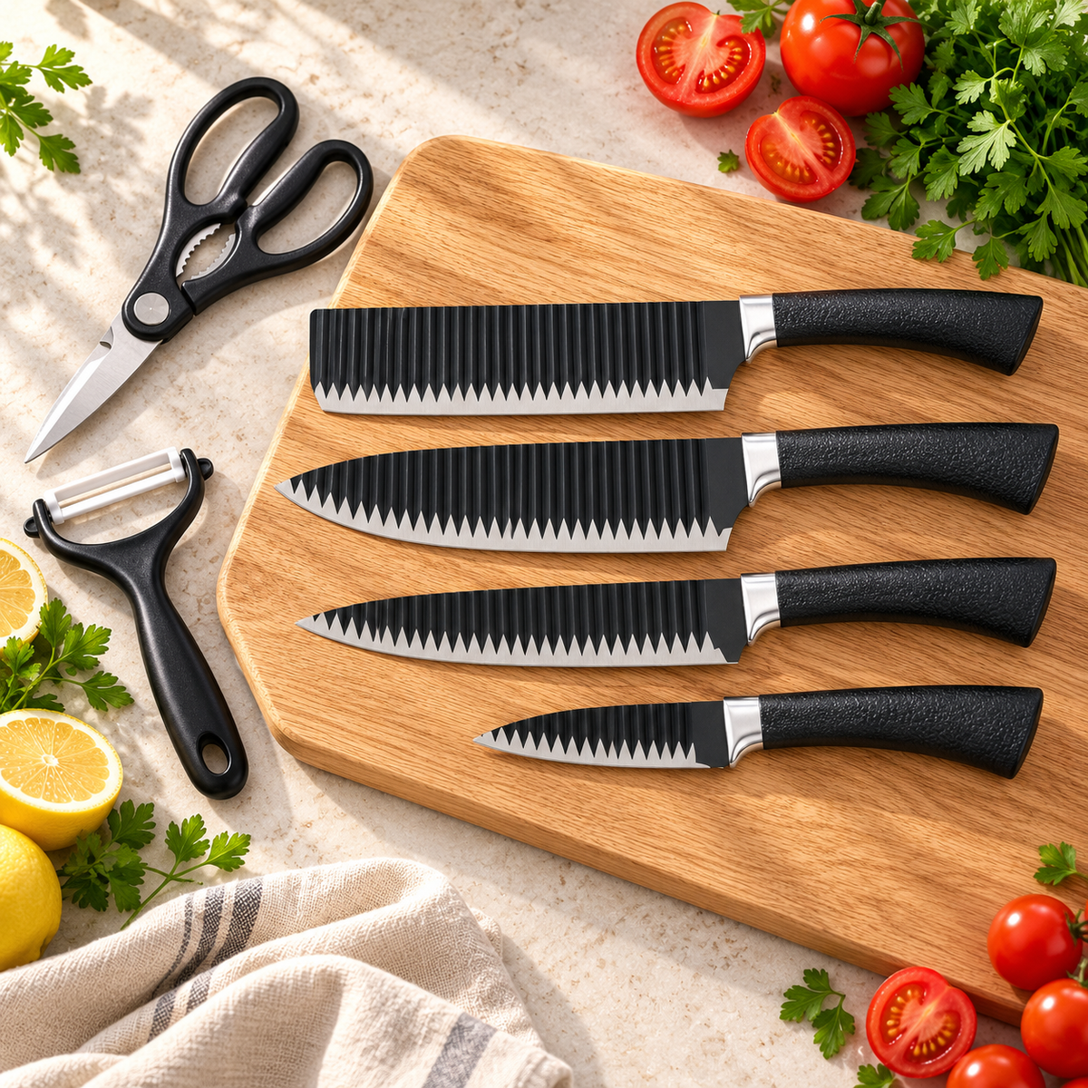 Set de bucătărie 6 piese – 4 cuțite, foarfecă și curățător de legume, negru