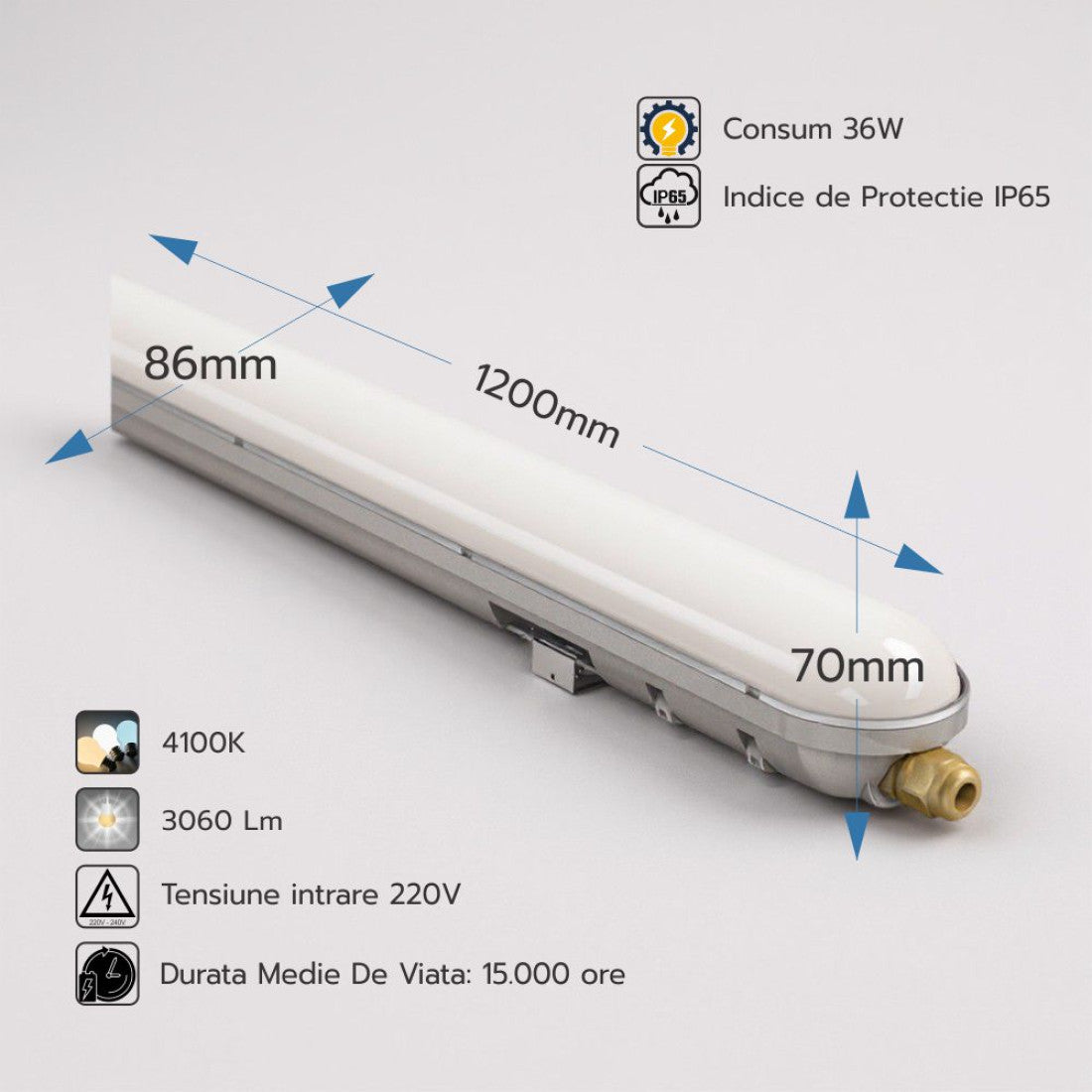 Corp LED 36=72W, 6500K, lumina rece, IP65, 1200mm