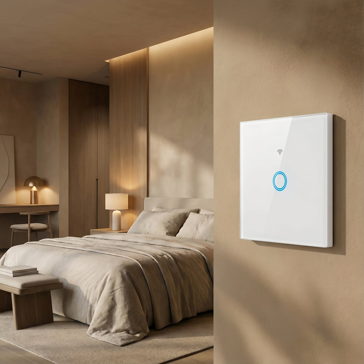 Intrerupator touch simplu WI-FI, sticla securizata, alb